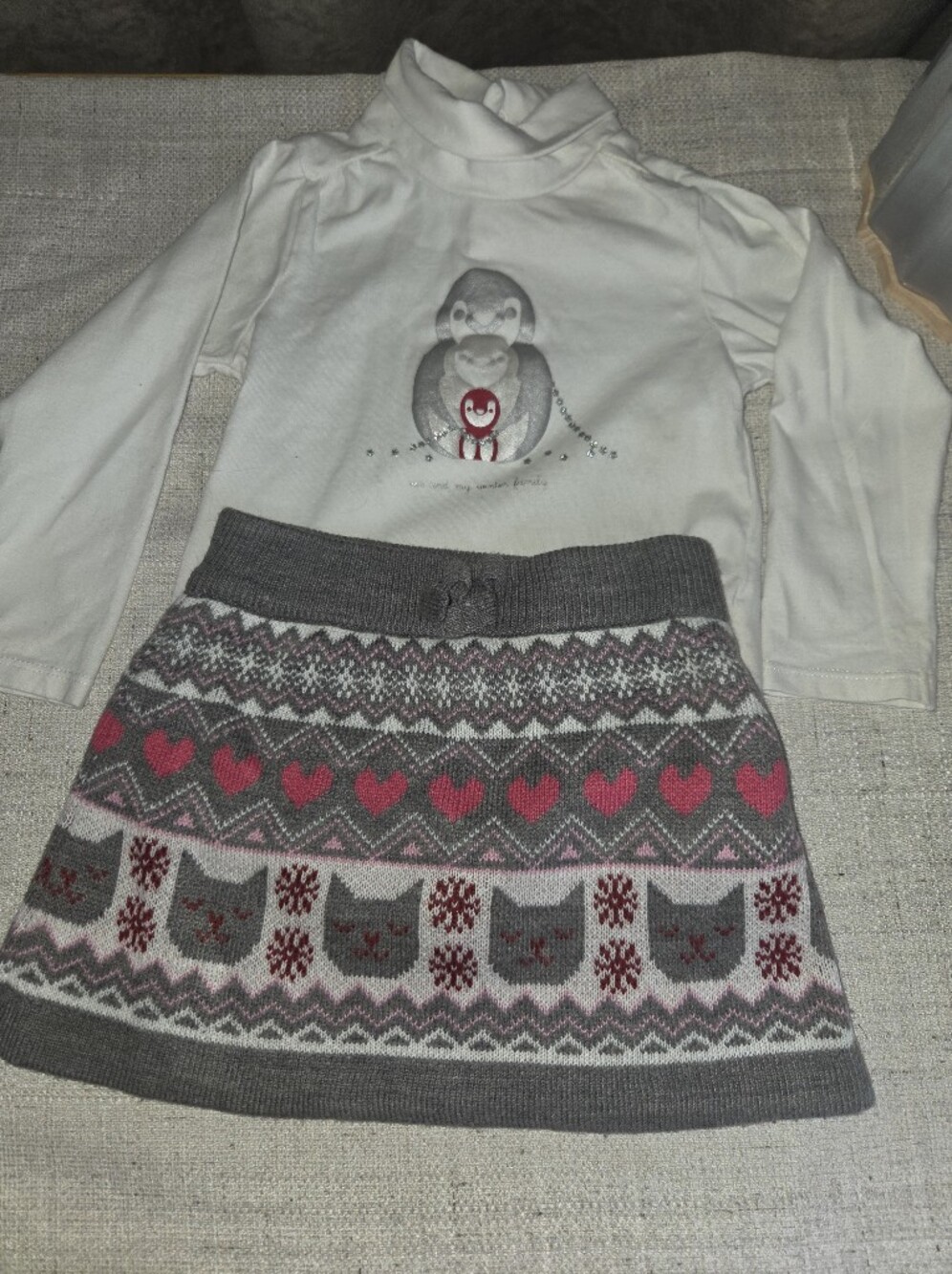 Joe Fresh Gray Knit Skirt & White Penguin Turtleneck Set With A Winter Vest